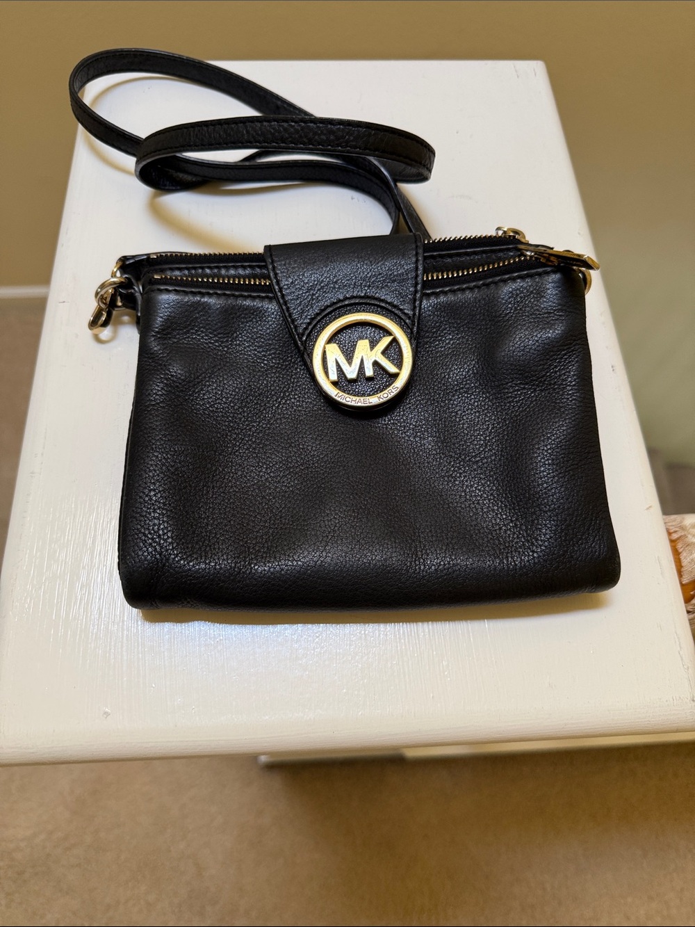 Michael Kors Black Leather Mini Crossbody with Gold MK Emblem